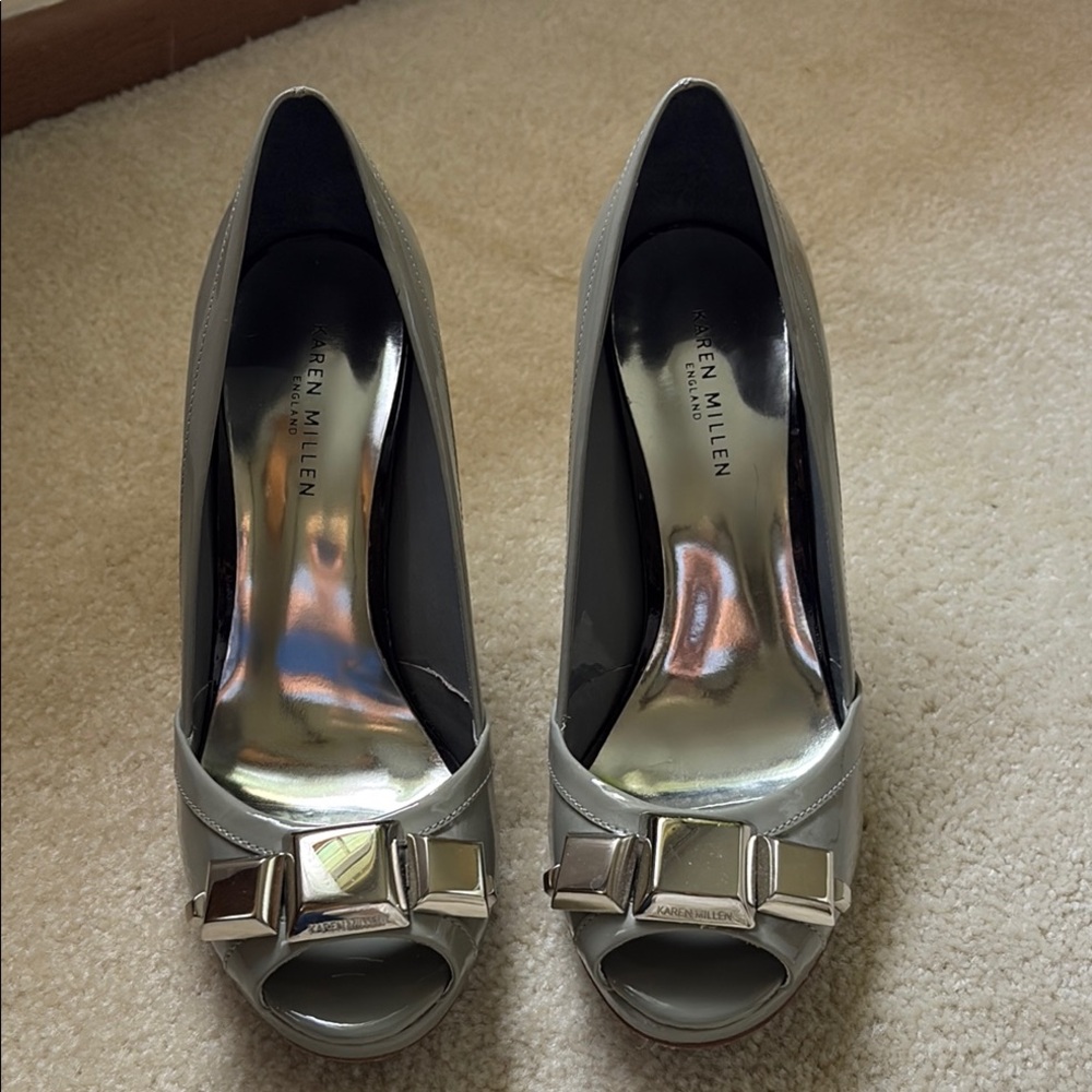 Karen Millen Gray Patent Heels with Buckle Detail